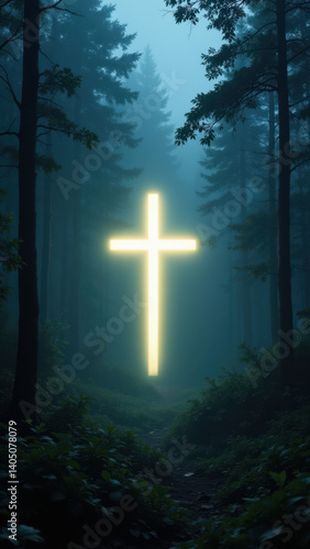 A serene forest scene with a glowing yellow Christian cross at its center, symbolizing faith and hope.