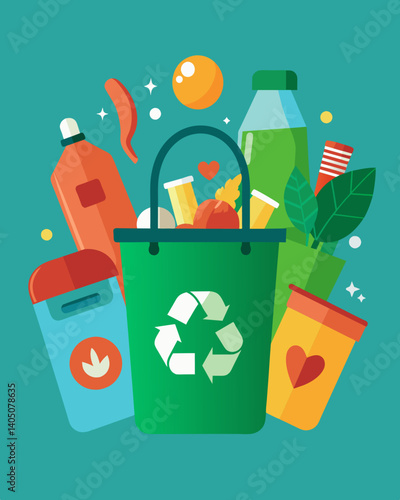 A public campaign encouraging consumers to bring their own reusable bags and containers to reduce waste from packaging.. Vector illustration