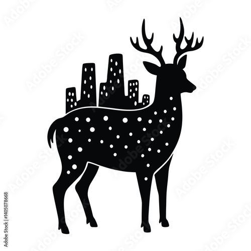 A silhouette of a deer with city lights on white background