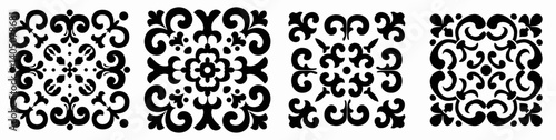Ornate Black Pattern Set: A collection of four symmetrical black and white decorative patterns, each with a unique and elaborate design.