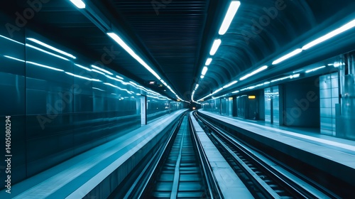 Subway tunnel with tracks and lights creating a sense of speed and motion.