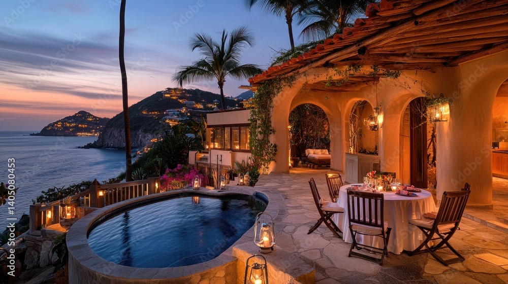 Fototapeta premium Luxurious cliffside villa with ocean views at sunset.