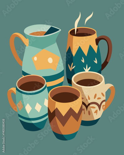 A set of handpainted ceramic mugs made from clay sourced from broken and discarded pottery pieces.. Vector illustration