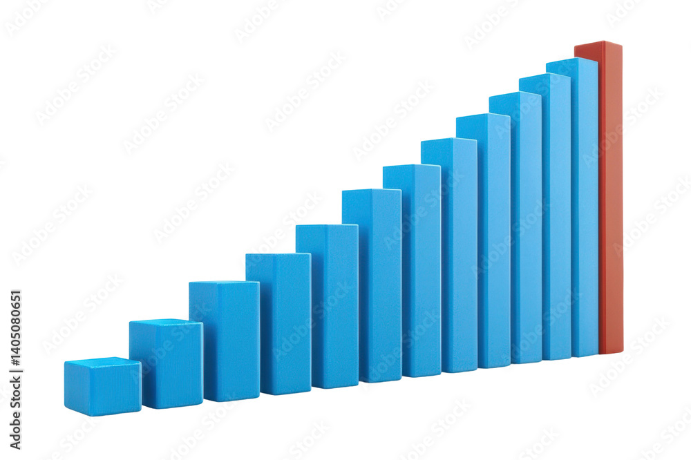 Growth trend depicted through blue bars with a contrasting red column indicating significant increase in data over time Growth trend depicted through blue bars with a contrasting red column indicating significant increase in data over time