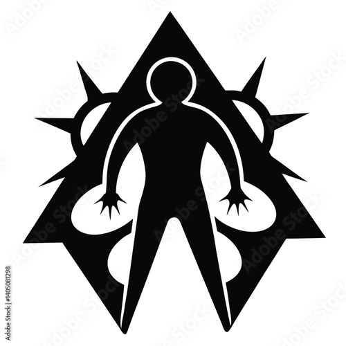 Black Silhouette Figure in Triangle with Spiked Wheel - Abstract Vector Graphic Illustration Symbol Design
