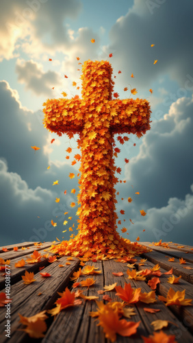 A cross standing tall among fallen autumn leaves on a wooden surface, symbolizing Christian faith amidst change.