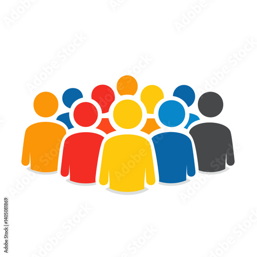 Simple colorful icon of a large group of people in various colors (orange, red, yellow, blue, dark blue, and gray). Represents community, crowd, diversity, and social gathering.