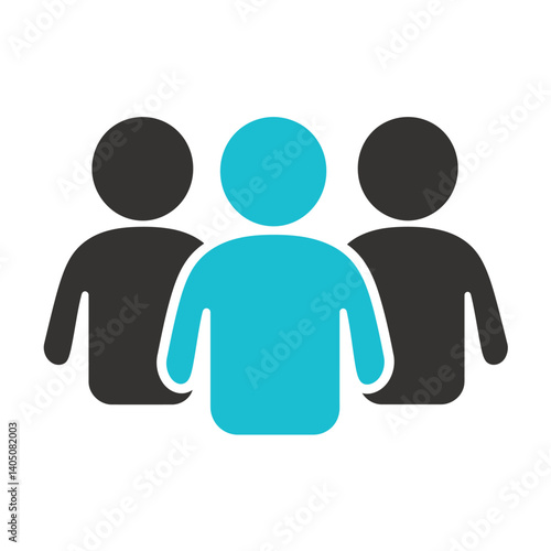 Simple colorful icon of a group of three people, with the central figure highlighted in bright blue and the flanking figures in dark gray. Represents leadership, teamwork, focus, and standing out.