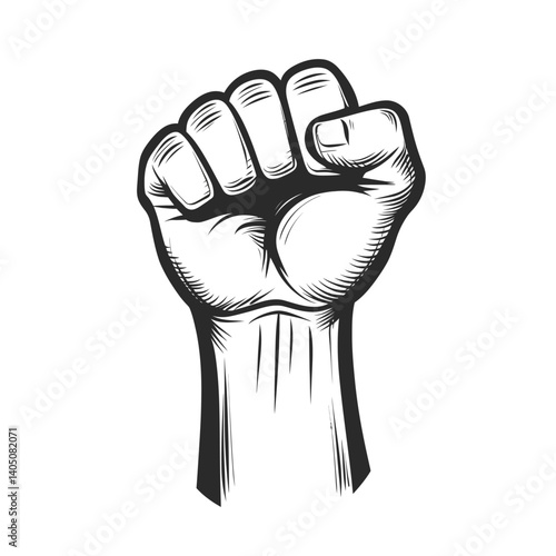 Monochrome line art illustration of a raised, clenched fist with shading details. Represents power, solidarity, protest, resistance, strength, and determination in a classic drawing style.