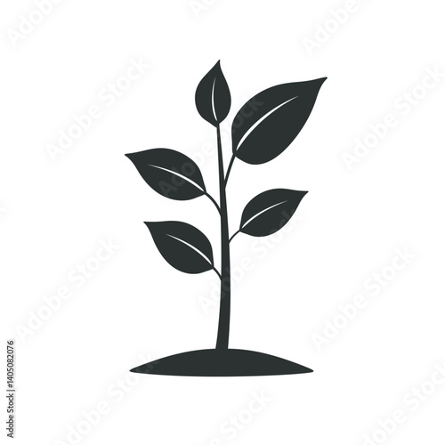 Simple black silhouette icon of a young plant with several leaves sprouting from the ground. Represents growth, nature, new beginnings, and organic life.