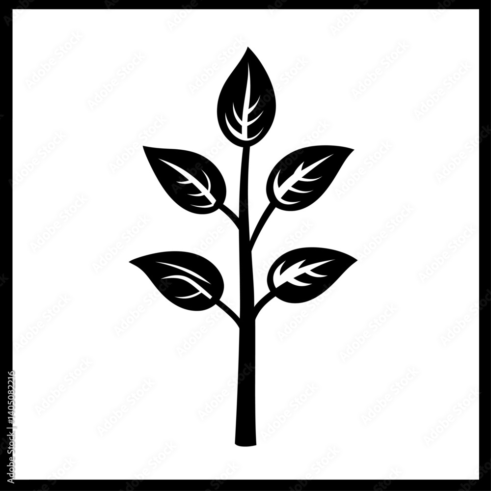 Simple black silhouette icon of a branch with several leaves. Represents nature, growth, plants, and organic elements. Simple black silhouette icon of a branch with several leaves. Represents nature, growth, plants, and organic elements.
