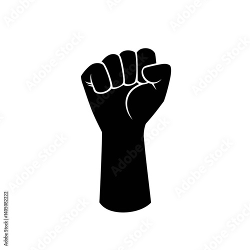 Simple black silhouette icon of a raised fist. Represents power, solidarity, protest, resistance, strength, and empowerment.