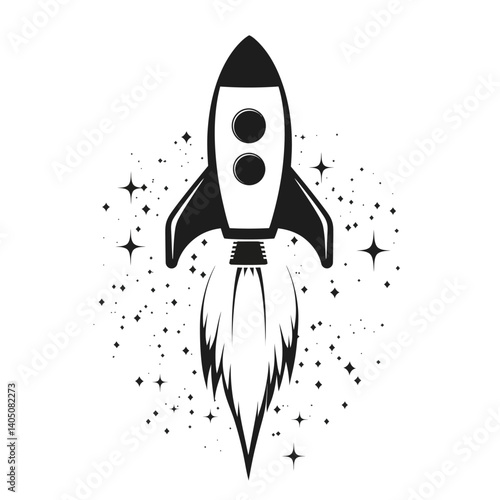 Monochrome illustration of a rocket ship launching upwards with stylized flames and surrounded by stars and cosmic dust. Represents space travel, startup, innovation, progress, and retro design.