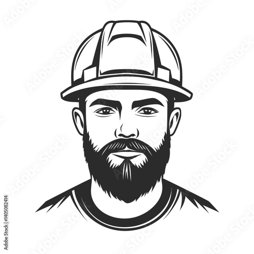 Monochrome portrait illustration of a serious-looking man with a beard wearing a hard hat. Represents construction, engineering, manual labor, and skilled trades.