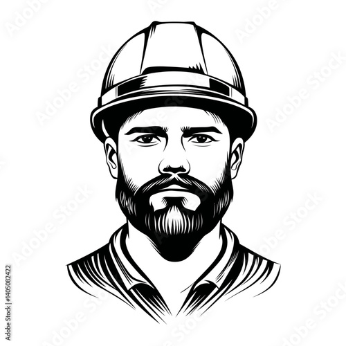 Monochrome portrait illustration of a serious-looking man with a beard wearing a hard hat. Represents construction, engineering, manual labor, and skilled trades.