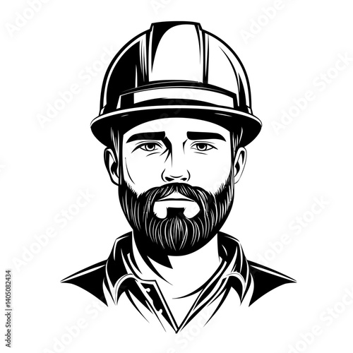 Monochrome portrait illustration of a serious-looking man with a beard wearing a hard hat. Represents construction, engineering, manual labor, and skilled trades.