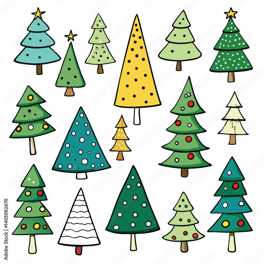 Minimalist doodle pine tree set for Christmas design Minimalist doodle pine tree set for Christmas design