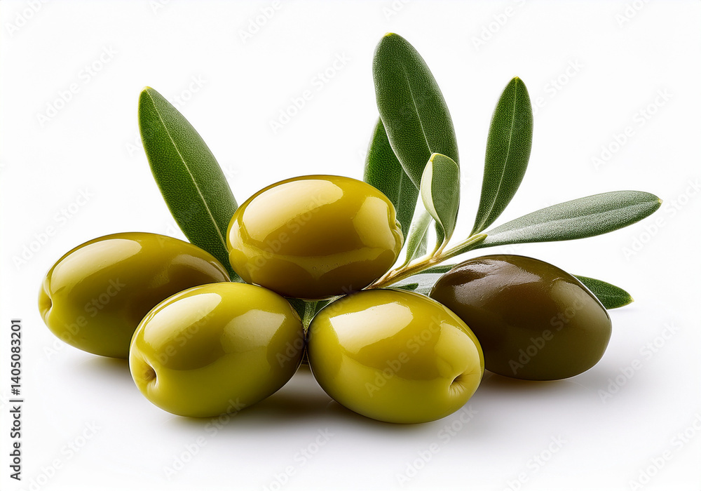 Oliven mit Olivenblättern, isoliert, Oliven mit Olivenblättern, isoliert,