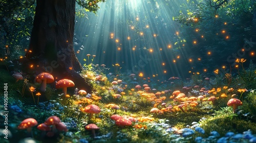 Mystical forest scene with glowing mushrooms enchanted fireflies and magica