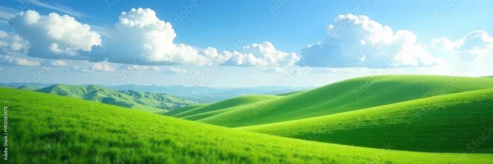 Naklejka premium Fluffy white clouds drift over rolling green hills , peaceful, mountain, soft