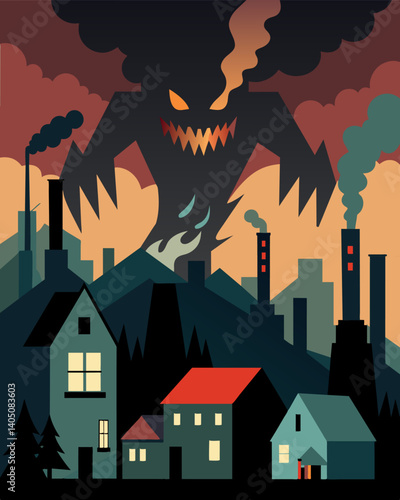 The factorys towering structure casting a sinister shadow over the surrounding towns and villages a menacing presence that threatens the health and wellbeing of its inhabitants.. Vector illustration
