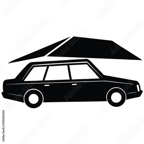 Black and White Carport Icon: Simple Vector Graphic of Car Under Shelter, Auto Protection, Parking Symbol, Garage Alternative Design