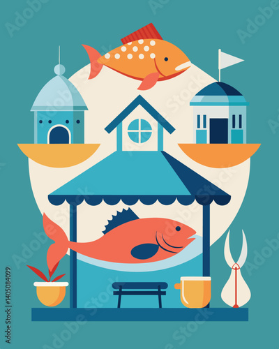 A restaurant proudly displaying their commitment to using only sustainably sourced seafood in all of their dishes.. Vector illustration