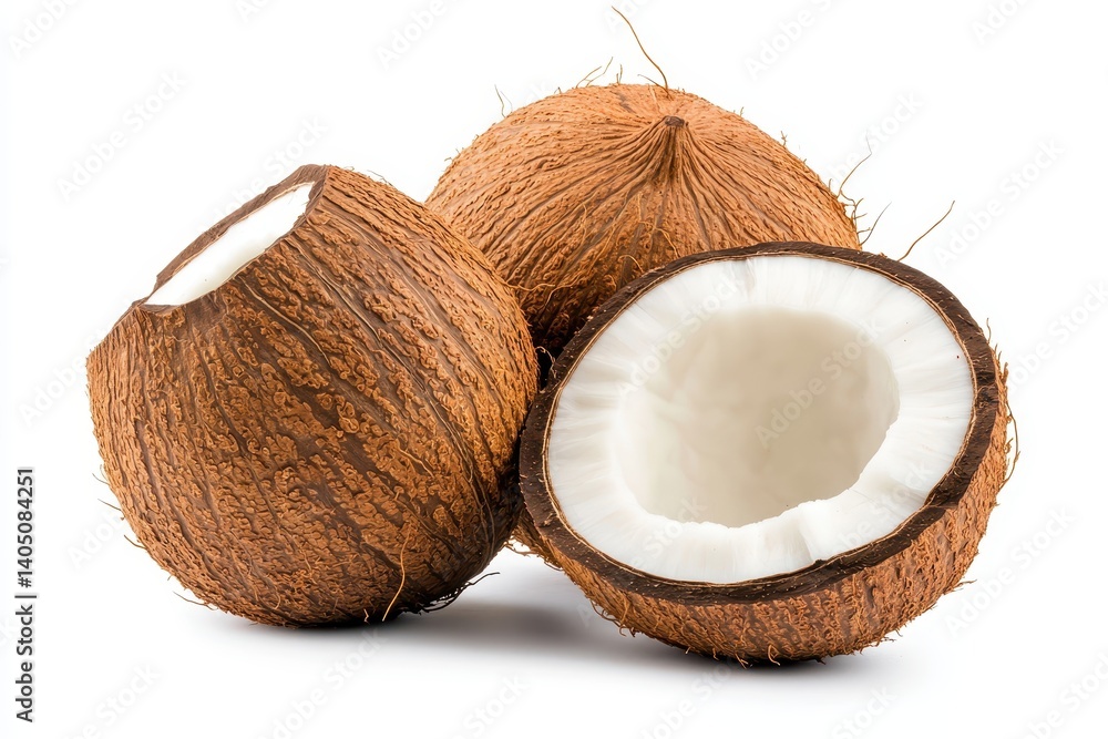 Three coconuts, one whole, two halved, on white background Three coconuts, one whole, two halved, on white background