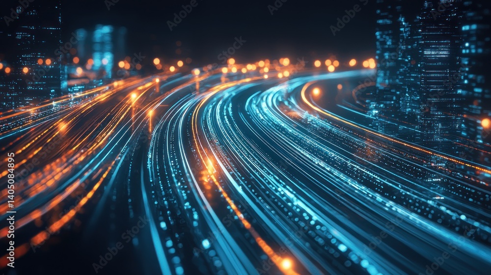 Fototapeta premium Abstract Cityscape: Data Streams and Digital City at Night