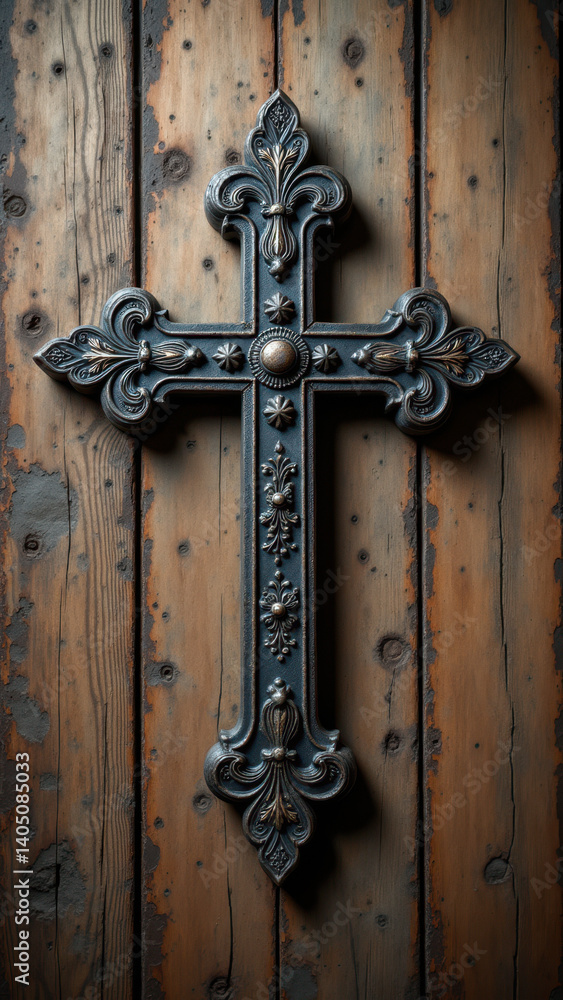 A large, ornate Christian cross mounted on a wooden wall. A large, ornate Christian cross mounted on a wooden wall.