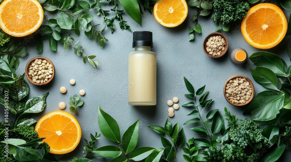Natural remedy bottle with supplements, oranges, greens. Flat lay Natural remedy bottle with supplements, oranges, greens. Flat lay