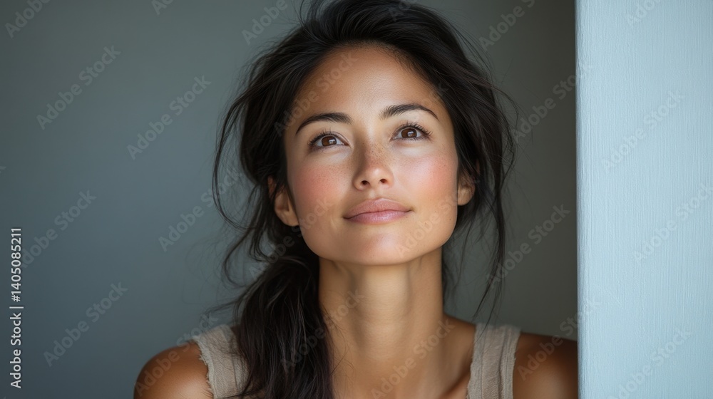 Beautiful young woman looking up with hope and positivity Beautiful young woman looking up with hope and positivity