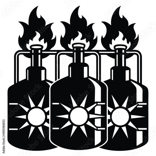Molotov Cocktails Illustration: Black and White Vector Graphic of Three Flaming Bottles with Starburst Design - Protest, Warfare, Arson Image