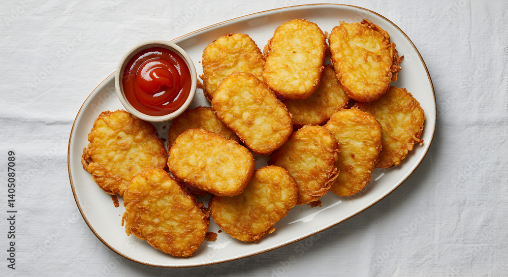 Delicious Golden Hash Browns With Ketchup On A White Plate Delicious Golden Hash Browns With Ketchup On A White Plate