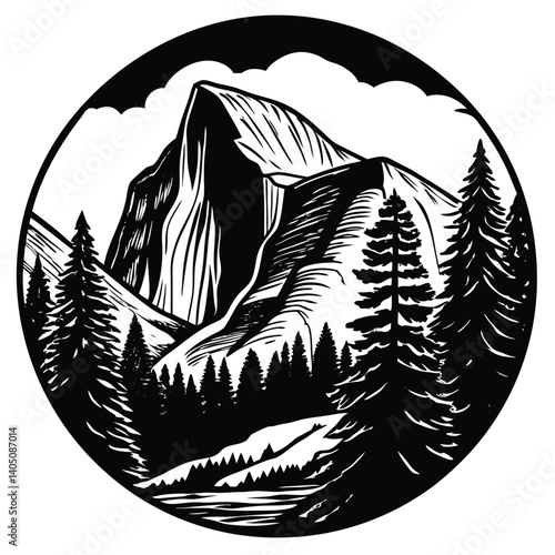 Black and White Mountain Landscape Illustration: Half Dome, Yosemite National Park, Trees, Nature, Circular Design, Engraving Style