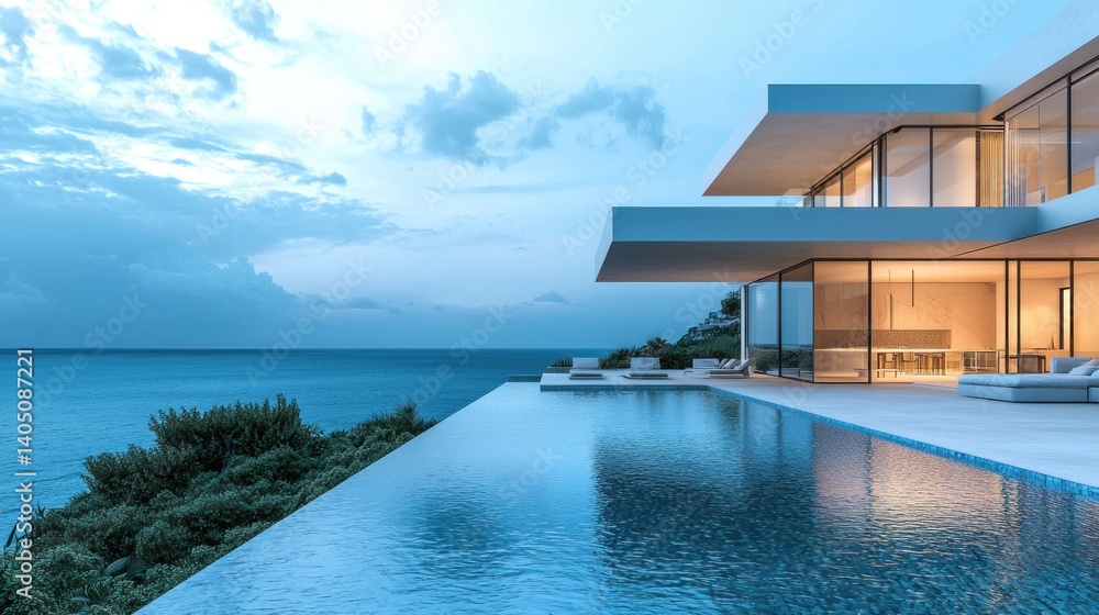 Fototapeta premium Luxury Oceanfront Villa with Infinity Pool: Modern Architecture and Breathtaking Views