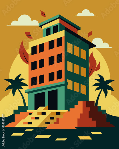 A once luxurious hotel now abandoned and crumbling a symbol of the economic downfall caused by a devalued currency.. Vector illustration
