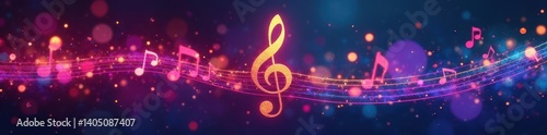 Vibrant treble clef, rainbow hues, musical note , joyful music, celebration
