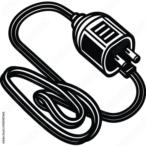 Black and White Vector Illustration of a Two-Pronged Power Cord Plug: Electrical Wire, Appliance Connector, Simple Graphic Design