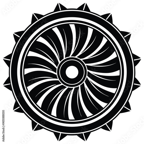Black and White Turbine Engine Illustration: Vector Graphic of Jet Engine Fan Blades with Circular Design and Spiked Outer Ring