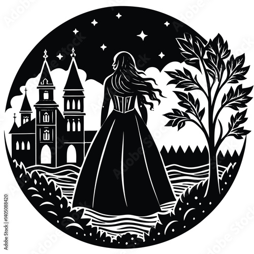 Fantasy Art: Woman in Gown Gazing at Castle Under Starry Night, Black & White Illustration, Fairytale Scene, Vector Graphic Design
