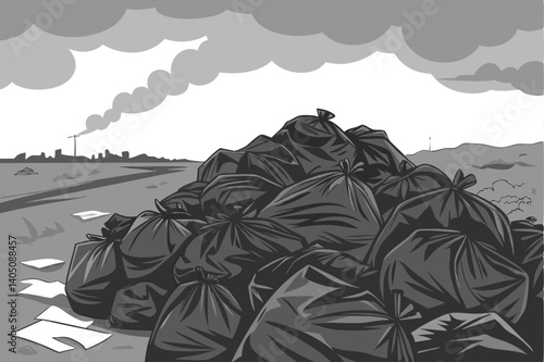 24 Massive pile of black garbage bags, overflowing landfill, ominous dark storm clouds, environmental crisis, dystopian landscape, monochromatic color scheme, gloomy atmosphere, pollution concept, was