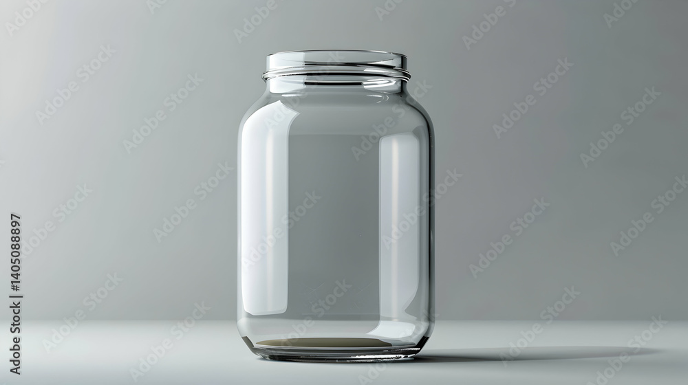 A clear glass jar sits on a white surface against a grey background with subtle lighting effects A clear glass jar sits on a white surface against a grey background with subtle lighting effects