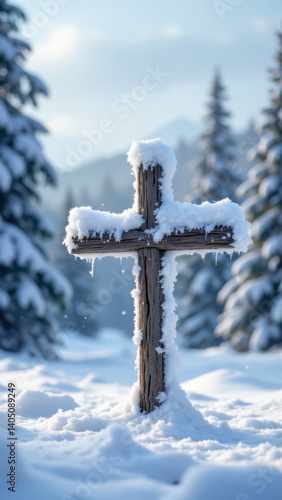 A cross standing against a snowy backdrop.