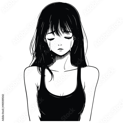 Vector of a Long-Haired Girl in Sorrow Generative AI
