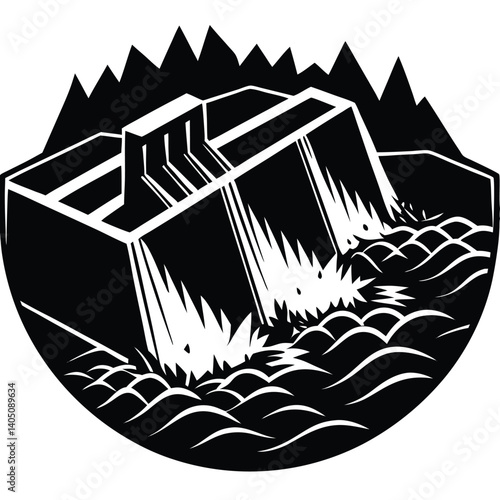 Black and White Graphic Illustration of Dam with Water Flowing, Surrounded by Mountains - Hydroelectric Power Symbol