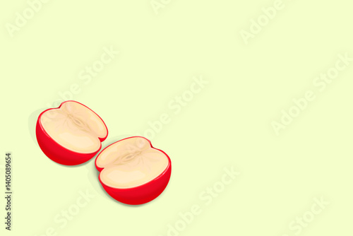 two halves of an apple cut in half on a green background