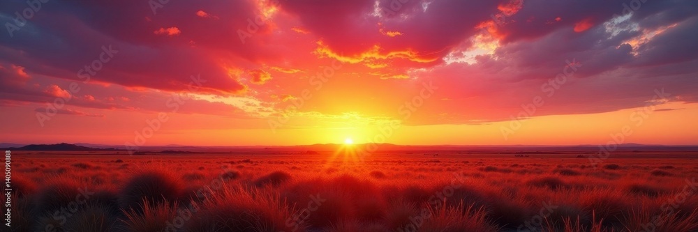 Fototapeta premium Vibrant sunset over American plains during longest day , horizon, eveningsun, sky
