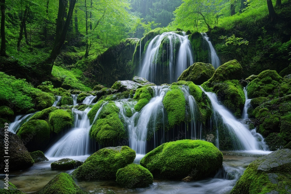 A lush waterfall cascading through a vibrant green forest environment A lush waterfall cascading through a vibrant green forest environment