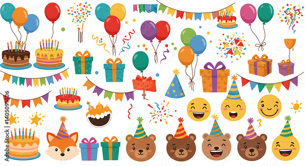 Obraz premium Joyful Birthday Celebration: Cartoon Clipart Collection AI Generated